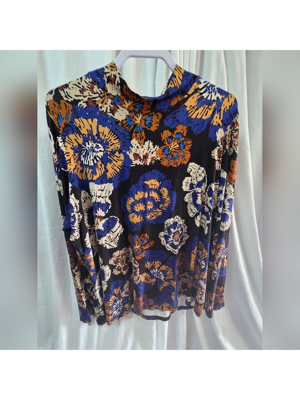 IMAN Black Floral Print Mock Neck Long Sleeve Top